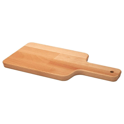 A bamboo chopping board from IKEA with a handle for easy carrying.