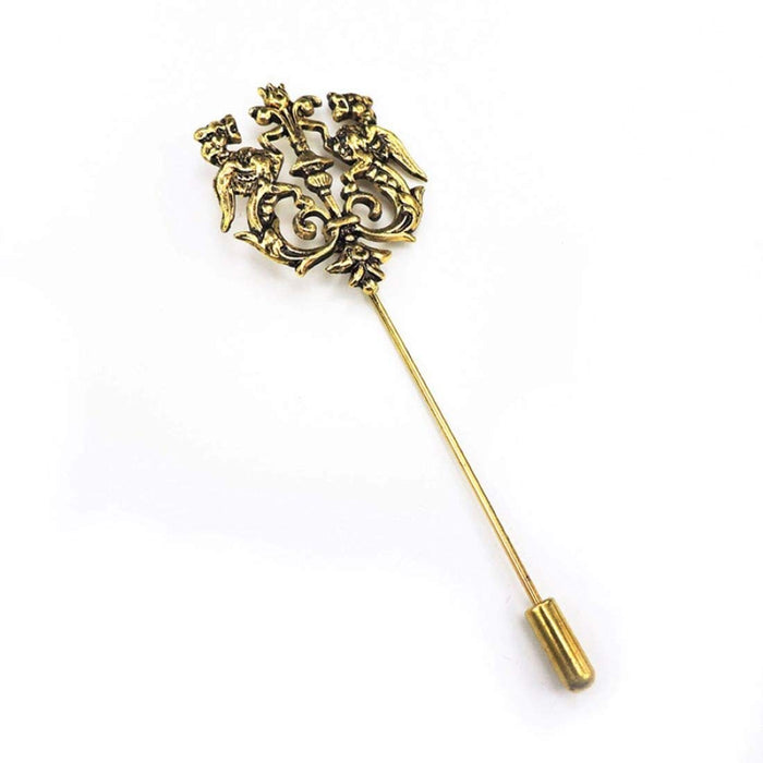 A close-up of a retro brooch pin featuring a vintage design and intricate details.
