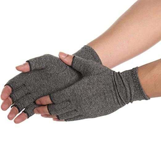 An image of a hand wearing an effective compression glove with open fingers, providing targeted relief for arthritis and joint pain.