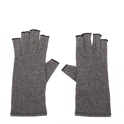 An image of a pair of compression gloves for hands with open fingers, designed to relieve arthritis and joint pain.