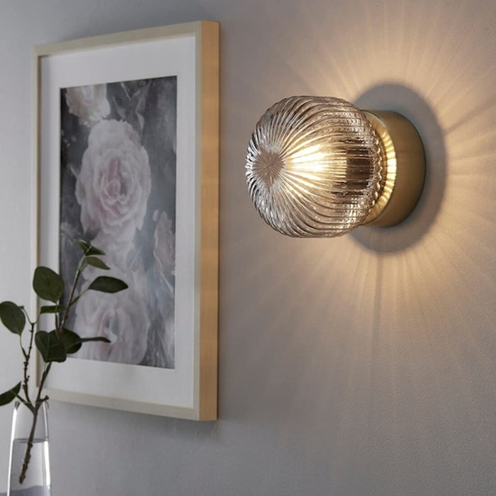 IKEA SOLKLINT Wall lamp, wired-in installation, brass/grey clear glass  with LED Bulb E27 100 Lumen, Globe Clear