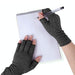  hand wearing a pain relief glove with open fingers, designed to alleviate arthritic hand pain and stiffness.