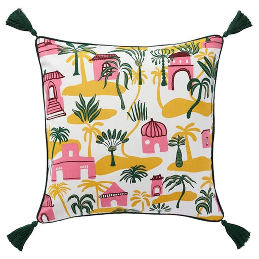 A photo of an Ikea Cushion cover, multicolor tassel, 50x50 cm Cushion cover with different patterns on both sides and matching piping and tassels-70522727