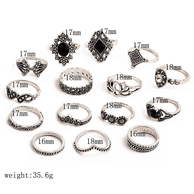 Digital Shoppy Retro Carved Crystal Flower Leaves Geometric Pattern Imitation Jewelry Silver plated base Unique Finger Ring Set for Women - 15 Pieces -X0014TARBL silver finger ring online low price