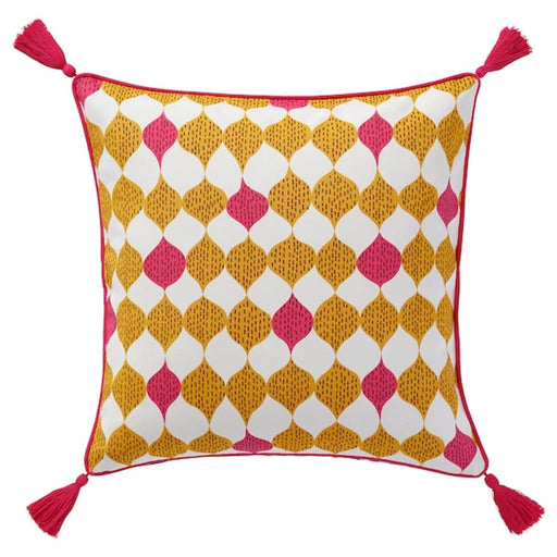 A photo of an Ikea Colorful cushion cover with different patterns on both sides, pink piping, and corner tassels-50522728