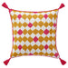 A photo of an Ikea Colorful cushion cover with different patterns on both sides, pink piping, and corner tassels-50522728