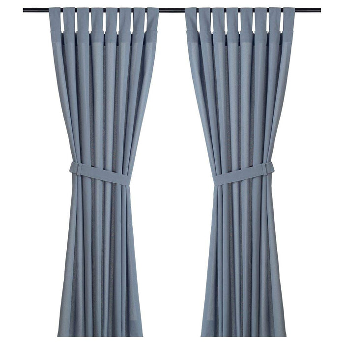 A pair of light blue IKEA curtains with tie-backs, measuring 145x150 cm.