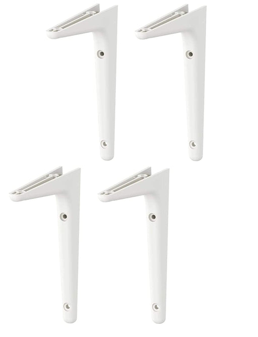 "A pair of white metal wall brackets, perfect for supporting a heavy shelf.