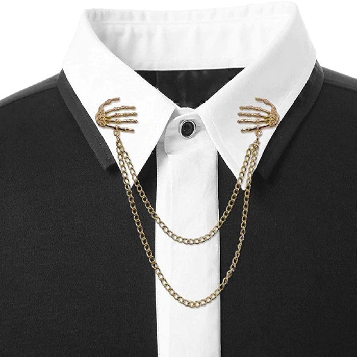 Digital Shoppy Double Layering Chain Retro Punk Skull Hand Brooches Collar Pins for Men and Women Shirts Suit