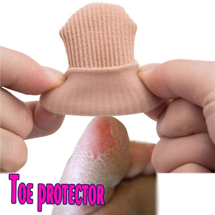 Toe and finger protector with ribbed bandage and gel tube for foot and finger comfort and protection.