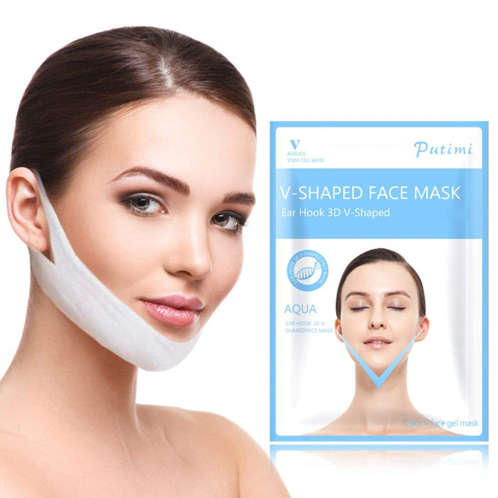 Digital Shoppy  V Shaped Facial Mask Chin Cheek Lift Up Slimming Face Mask (A)(FREE SHIPPING),  V-shaped facial mask: "Person applying a V-shaped facial mask to the lower part of their face, designed to lift and tighten the skin for a more youthful and radiant appearance." - digitalshoppy.in