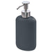 Soap dispenser: A dark grey soap dispenser with a pump to dispense liquid soap or lotion.