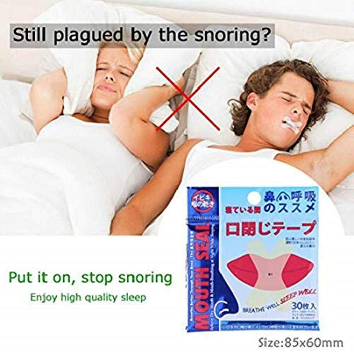 A person sleeping peacefully with a snore stopper nasal lip sticker applied to their nose.
