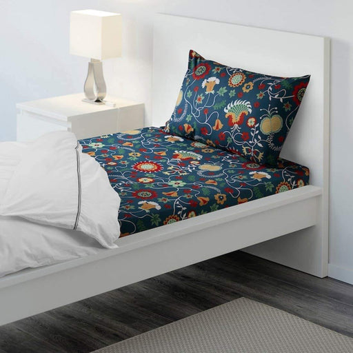 Blue Cotton flat sheet and pillowcase from IKEA on a bed 80418754