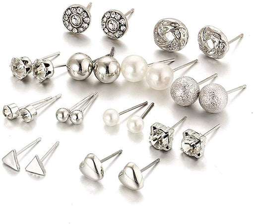 A set of 12 pairs of white crystal charm stud earrings for women.