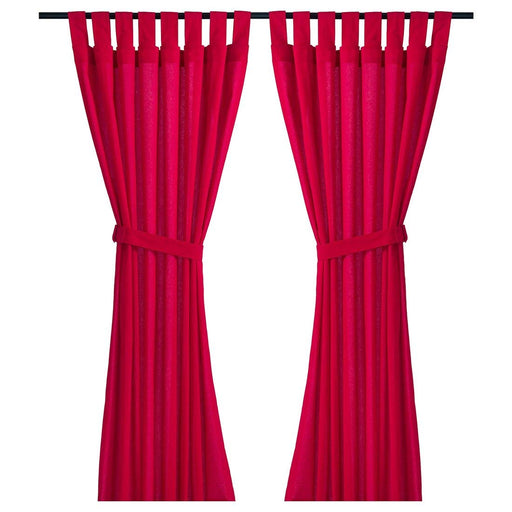 A pair of bright red IKEA curtains with tie-backs, hanging from a curtain rod in a room with natural light 50418208