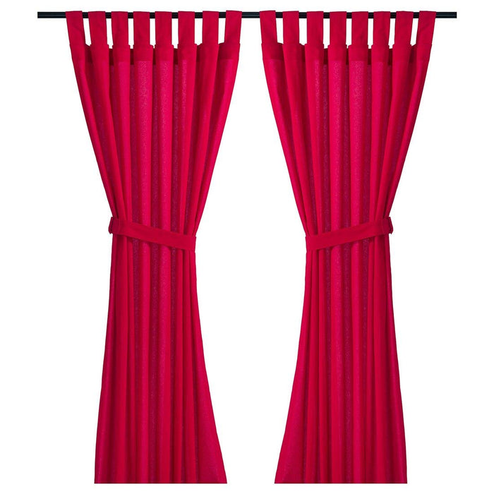 A pair of bright red IKEA curtains with tie-backs, hanging from a curtain rod in a room with natural light 50418208