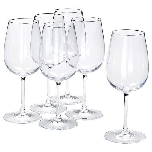 IKEA wine glass, made from clear glass and featuring a long stem and a round bowl that is perfect for holding red or white wine. 