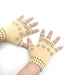 A pair of fingerless massage gloves, featuring magnets to provide relief from arthritis pain and joint discomfort.