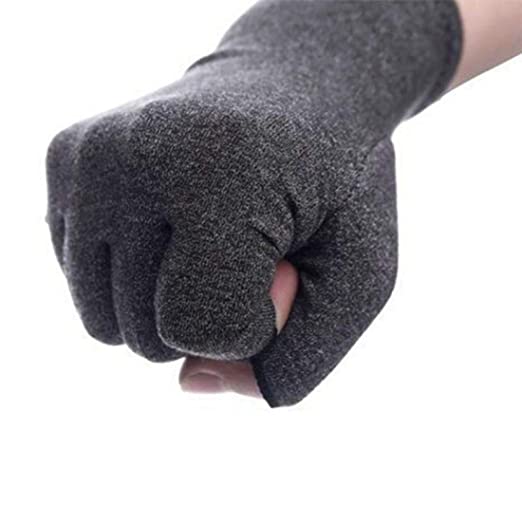 A close-up image of a hand wearing a compression glove with open fingers, providing support and relief for arthritis and inflammation.