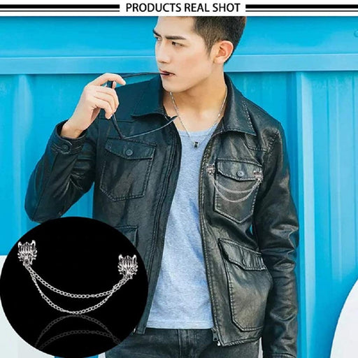 Digital Shoppy Double Layer Chain Wolf Head Suit Shirt Collar Pin Brooches for Men and Women