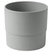 A round, grey plant pot with a wide opening and a smooth surface.