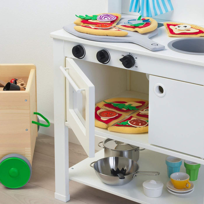 The IKEA Toy Pizza Set, featuring tomato sauce, cheese, and pepperoni toppings.