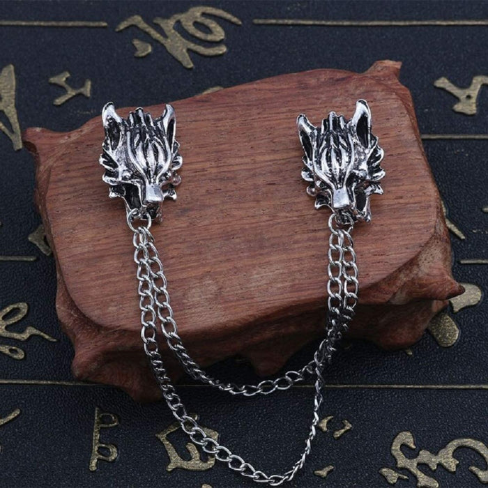 Digital Shoppy Double Layer Chain Wolf Head Suit Shirt Collar Pin Brooches for Men and Women