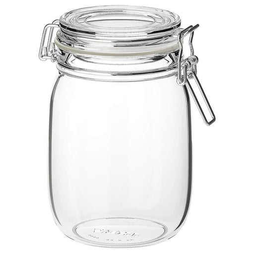 A transparent glass jar with a secure lid from IKEA, perfect for keeping items safe and visible.
