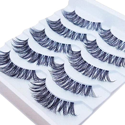 A close-up of multi-layered eyelashes on a white background.