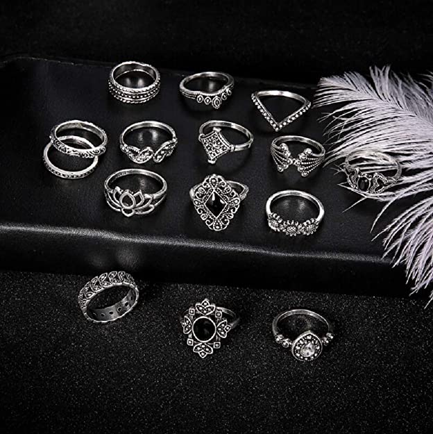 Digital Shoppy Retro Carved Crystal Flower Leaves Geometric Pattern Imitation Jewelry Silver plated base Unique Finger Ring Set for Women - 15 Pieces -X0014TARBL silver finger ring online low price