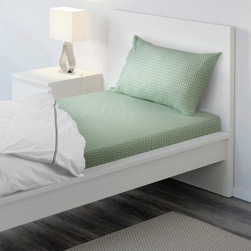 Green cotton flat sheet and pillowcase from IKEA on a bed 10419083