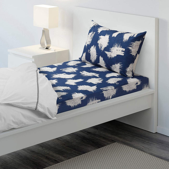 Blue Cotton flat sheet and pillowcase from IKEA on a bed 50444311