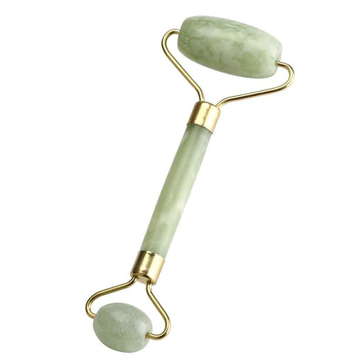 Kanbuder's double head facial massage roller made of jade, featuring two rolling heads for a relaxing and effective massage experience.