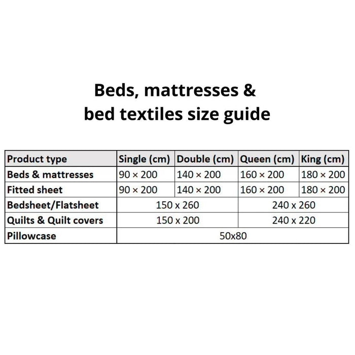 Beds, mattresses & bed textiles size guide
