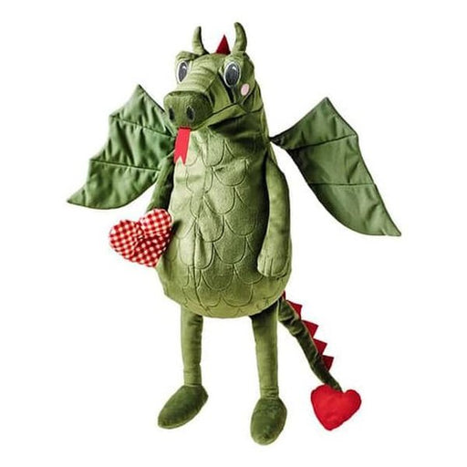 A close-up of the IKEA Dragon Heart Flygdrake Dinosaur soft toy, featuring its green and blue body, textured wings, and friendly expression.
