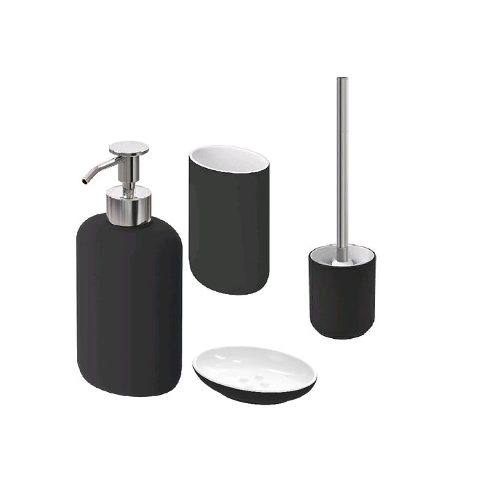 A set of four dark grey bathroom accessories including a toothbrush holder, soap dish, soap dispenser, and toilet brush, designed to fit in small bathrooms.