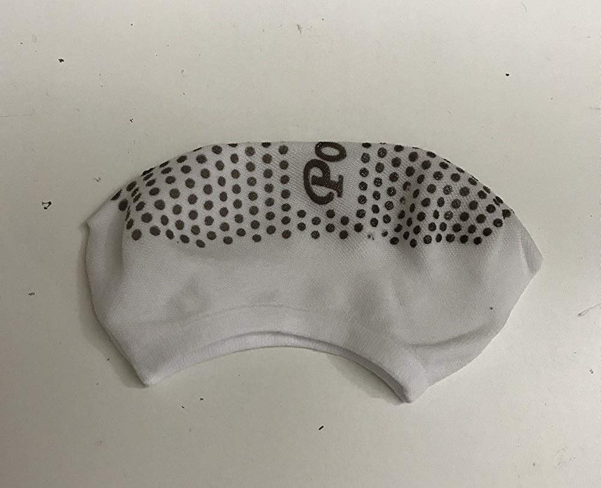 A pair of casual cotton socks for girls with silicone grips on the soles.