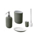 Grey-green bathroom accessory set for small spaces: A set of four grey-green bathroom accessories, including a toothbrush holder, soap dish, soap dispenser, and toilet brush, designed to fit in small bathrooms while still making a statement.