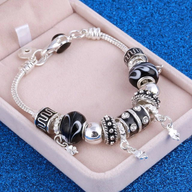 Digital Shoppy Bracelets & Bangles for Women Murano Beads Silver Plated Bracelet Price online ornaments,black,   SL664