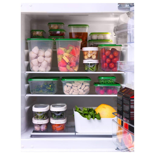 Clear and durable IKEA food containers with green lids, ideal for organizing your pantry and fridge 30160964