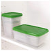 The set of 17 IKEA food containers in transparent green, neatly arranged in a kitchen cabinet 30160964