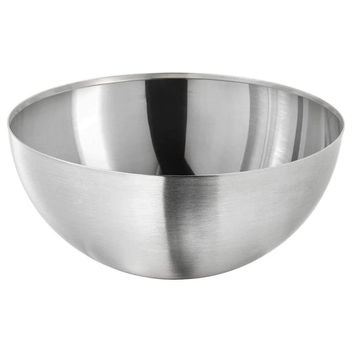 Digital Shoppy IKEA Serving Bowl, Stainless Steel, 20 cm, A stainless steel serving bowl from IKEA, 20 cm in size, sitting on a wooden table with a plate of fruit beside it. 