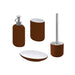 A set of four brown bathroom accessories including a toothbrush holder, soap dish, soap dispenser, and toilet brush, designed to fit in small bathrooms.