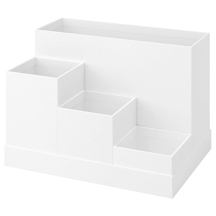A white desk organizer with compartments for stationery and other essentials.