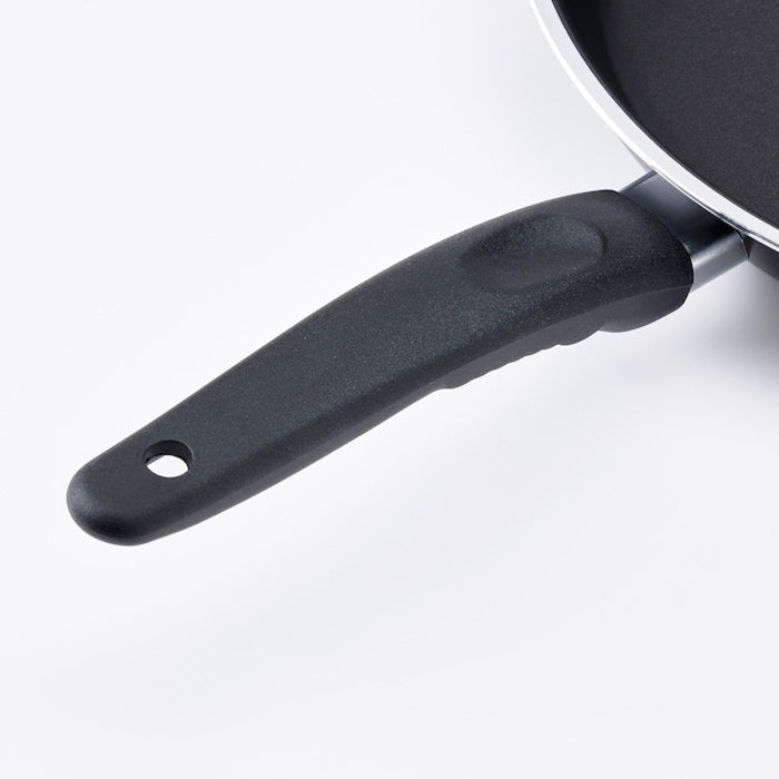 "A close-up of the IKEA frying pan, with a non-stick surface and a black handle"
