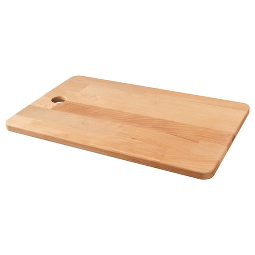 An IKEA wooden chopping board with a patterned surface and a convenient hole for hanging, adding a touch of style to your kitchen décor while being functional.60300350      