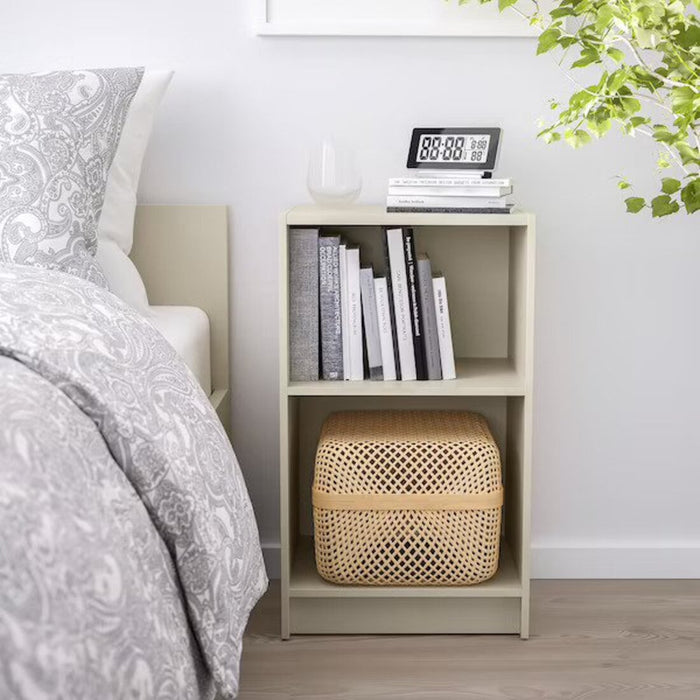 Digital Shoppy A close-up of the sleek design of IKEA's GURSKEN bedside table in light beige, highlighting its ample storage and compact size,online,price,storage