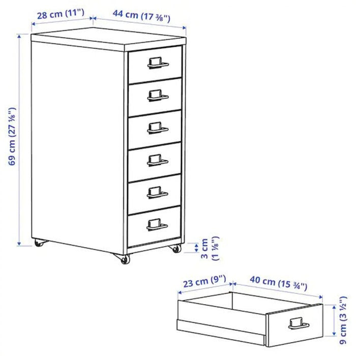 Digital Shoppy IKEA Drawer unit on castors, white 28x69 cm (11x27 1/8 ") 90251046, Side view of a white IKEA drawer unit on castors, showing the smooth, modern design and easy mobility of the unit. 