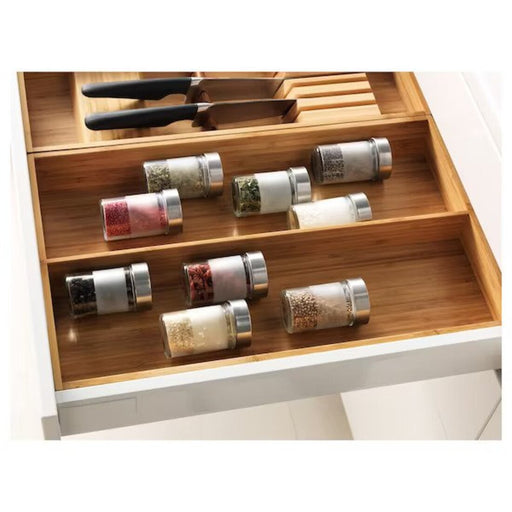 IKEA bamboo utensil tray with ample compartments for forks, knives, spoons, and other utensils